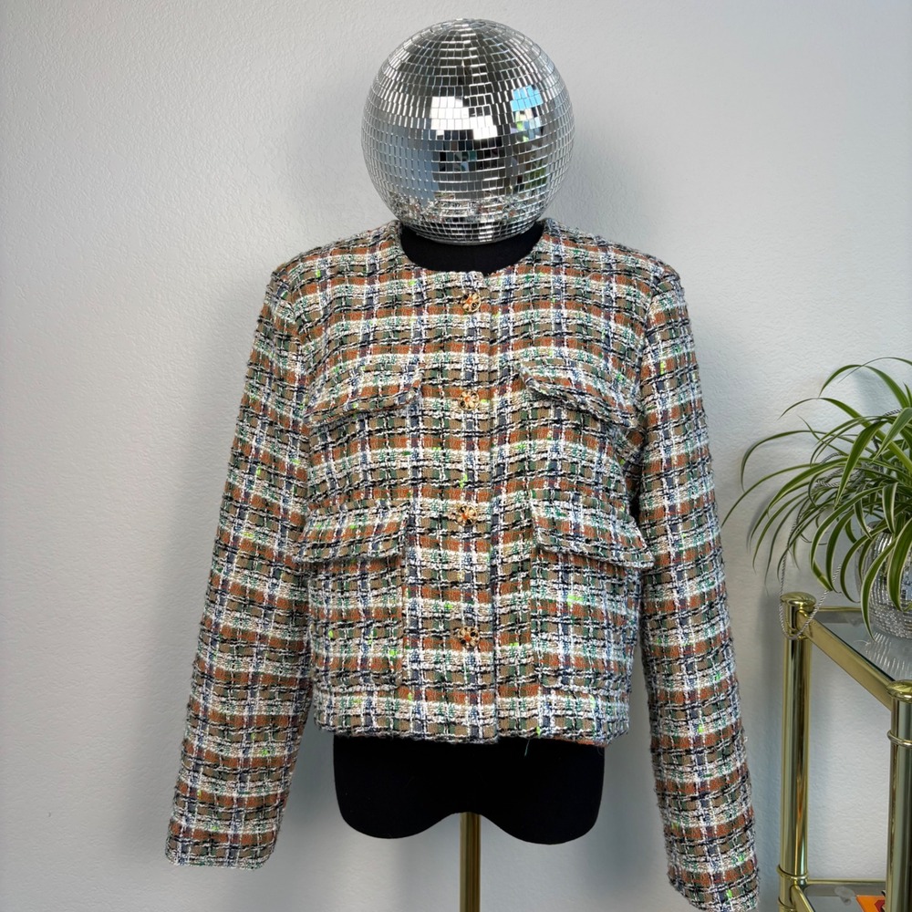 Anthropologie Autres Filles Colorful Tweed Cropped Jacket Plaid, Large, Parisian - Picture 13 of 16